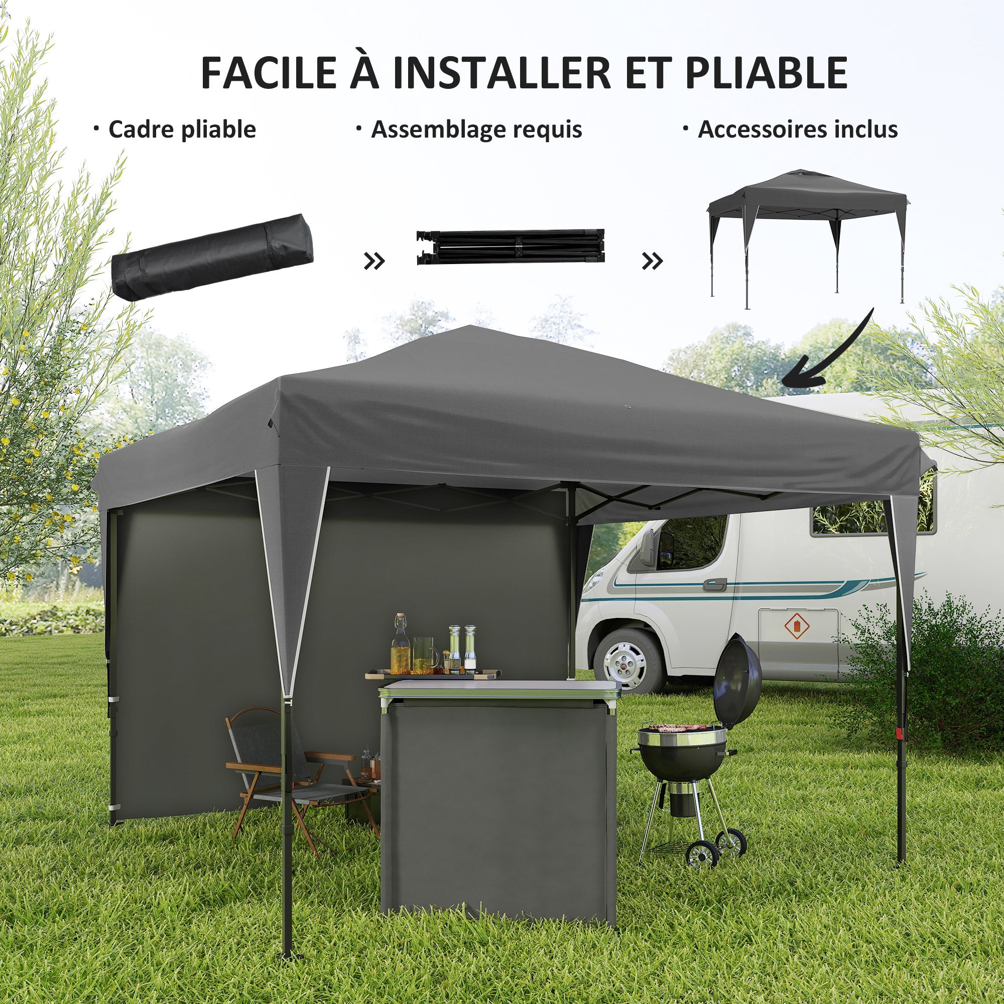 Pop-Up Folding Garden Gazebo with Removable Side Wall + Transport Bag Steel Oxford Fabric 3 x 3 x 2.65 m Gray