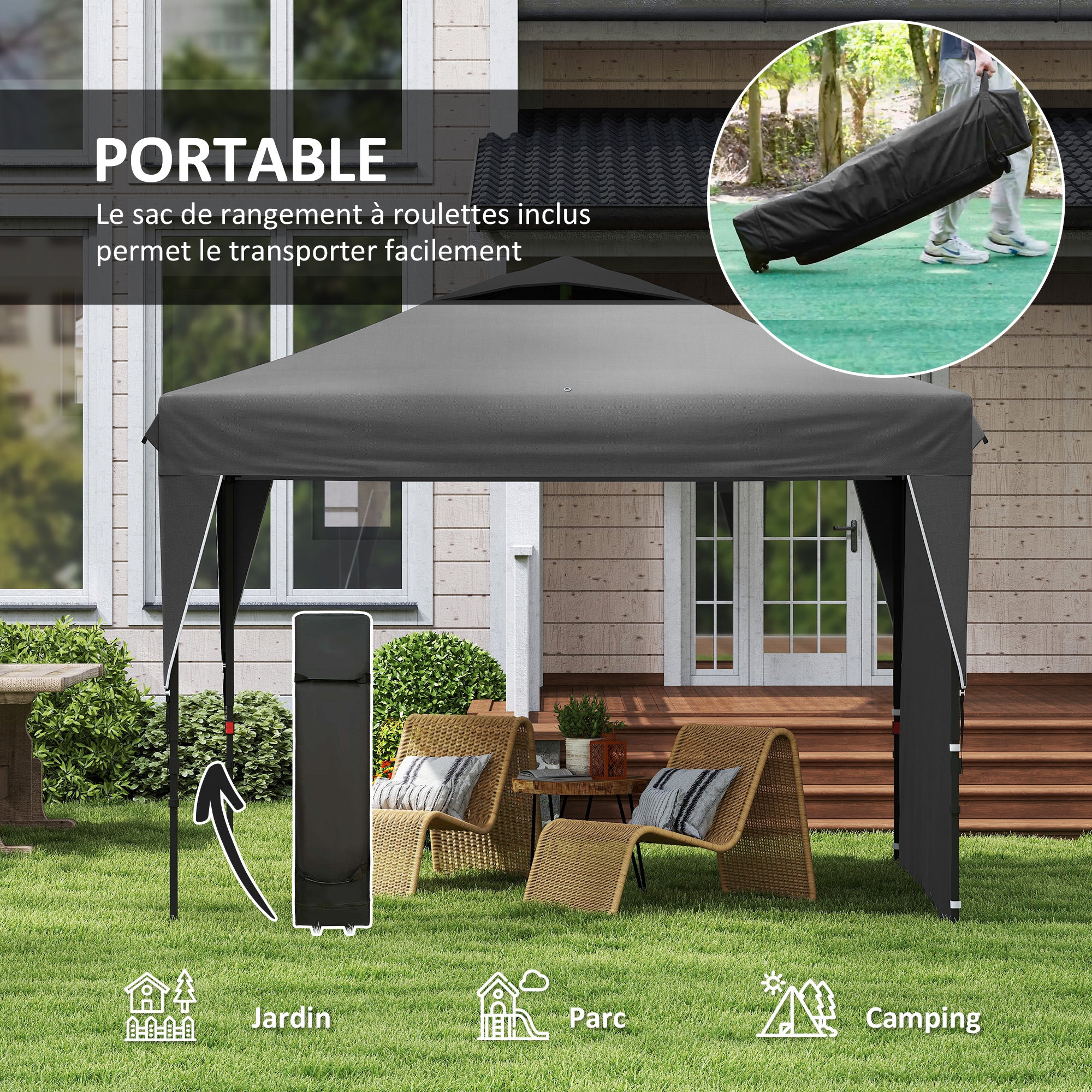 Pop-Up Folding Garden Gazebo with Removable Side Wall + Transport Bag Steel Oxford Fabric 3 x 3 x 2.65 m Gray