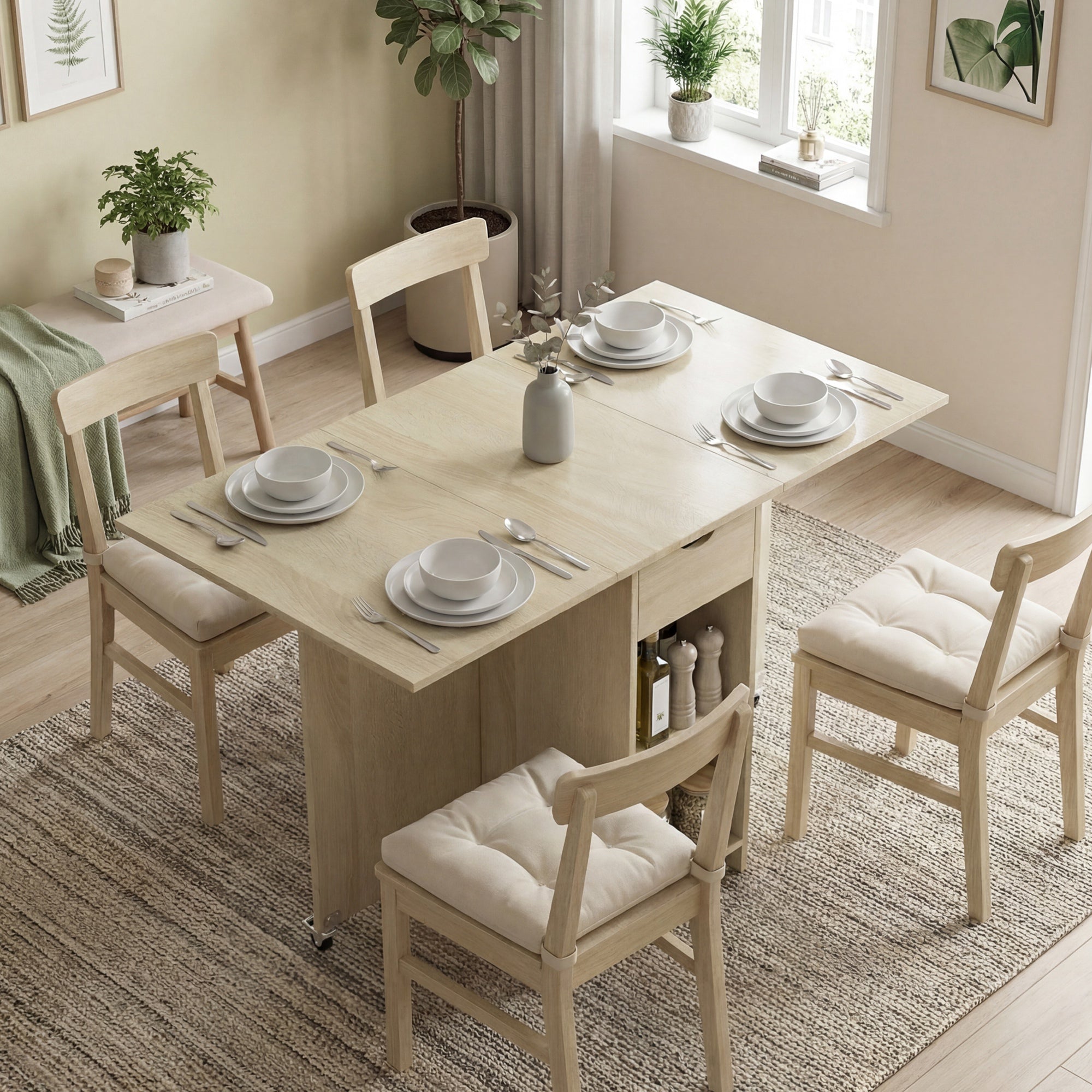 Foldable Dining Table with Drawer and 2 Shelves, Seats 2–4, Modern Space-Saving Kitchen/Dining Table, Natural Wood, 114.5 x 70 x 75 cm (45.1 x 27.6 x 29.5 in)