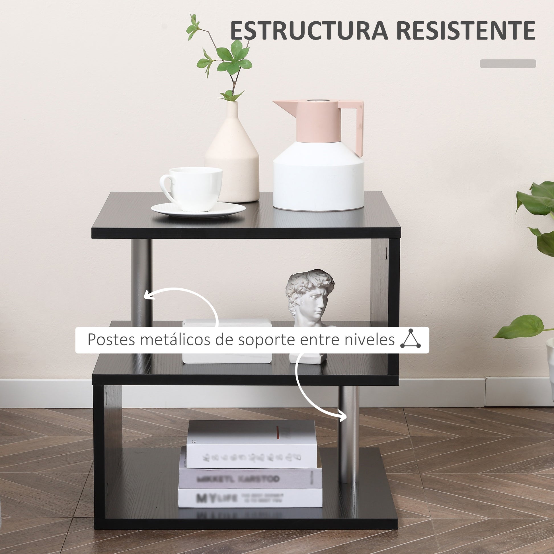 Small Side Table Square Side Table for Sofa with S-Shaped Open Compartment Modern Design 50x50x50 cm Black