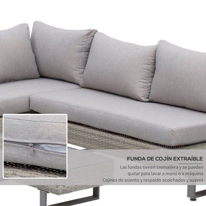 3-Piece Rattan Furniture Set Center Table Double Sofa and 3-Seater Sofa with Removable Cushions for Outdoor Garden Terrace Patio Gray Steel