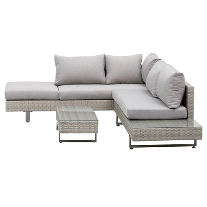 3-Piece Rattan Furniture Set Center Table Double Sofa and 3-Seater Sofa with Removable Cushions for Outdoor Garden Terrace Patio Gray Steel