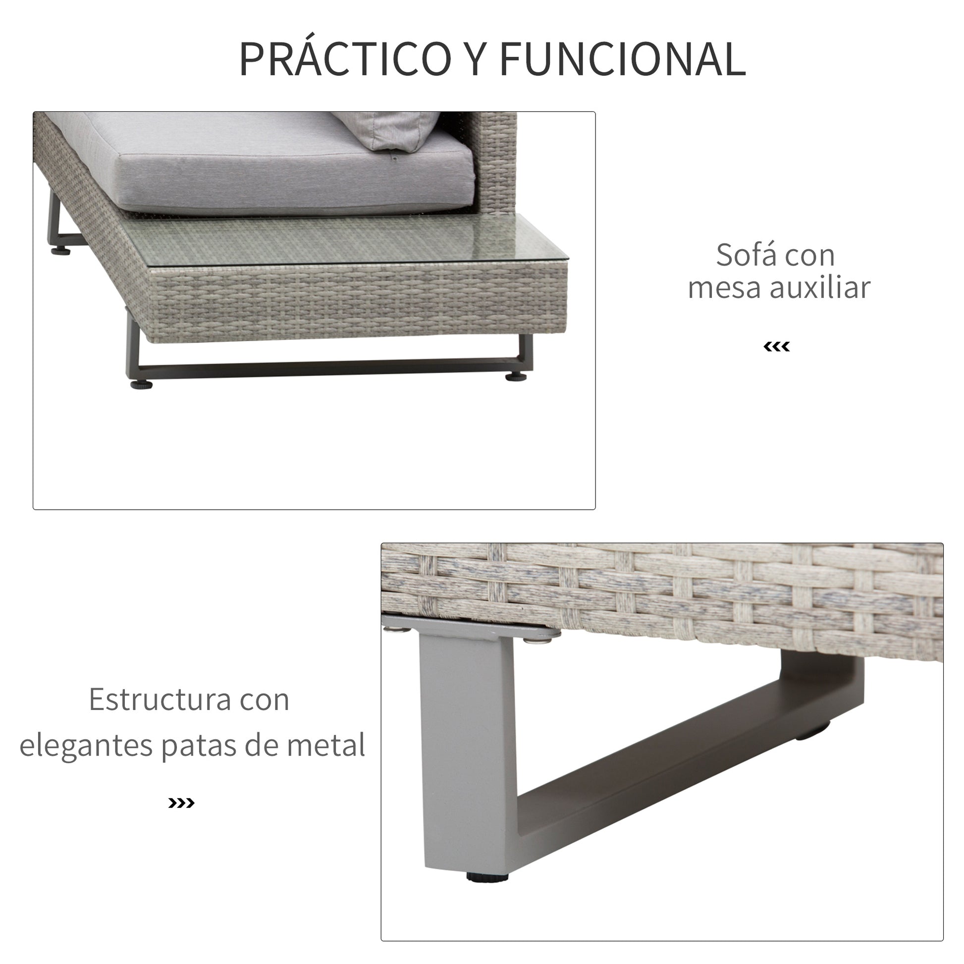 3-Piece Rattan Furniture Set Center Table Double Sofa and 3-Seater Sofa with Removable Cushions for Outdoor Garden Terrace Patio Gray Steel