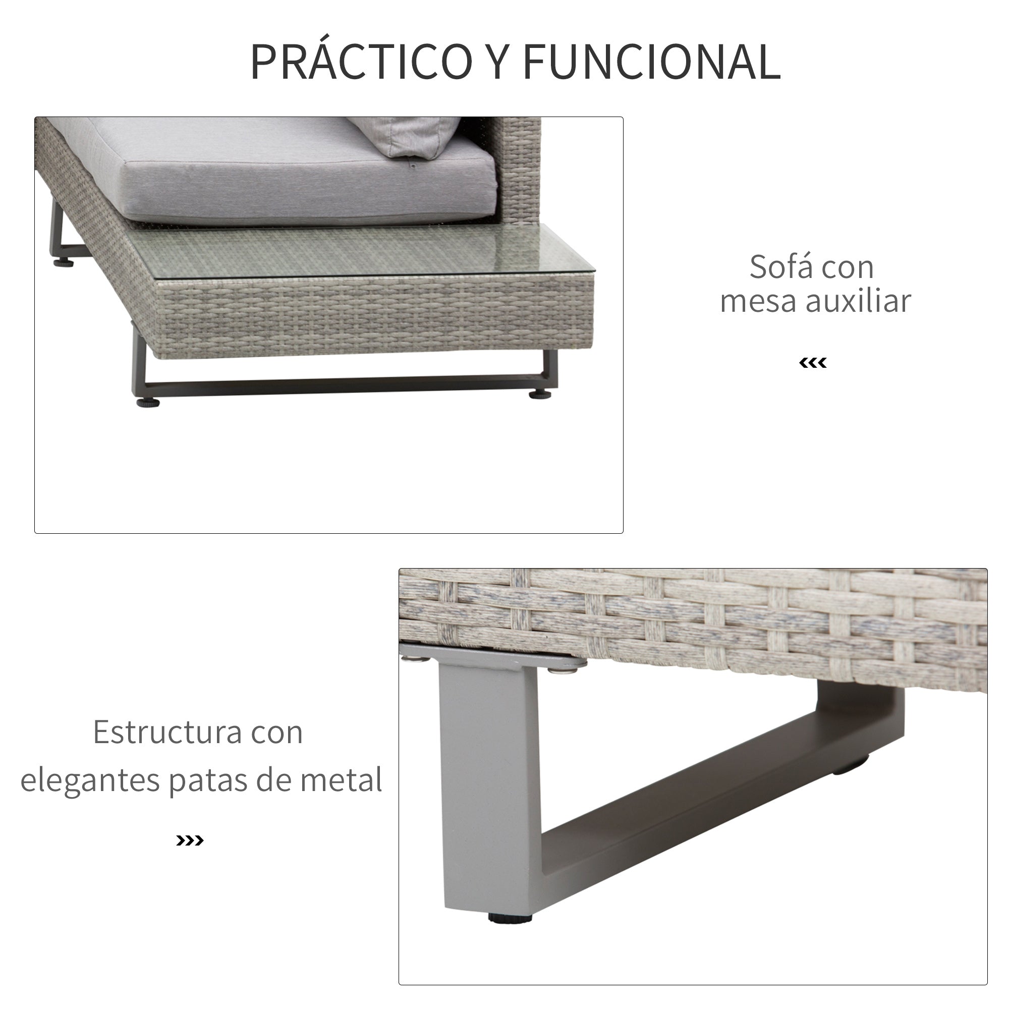 3-Piece Rattan Furniture Set Center Table Double Sofa and 3-Seater Sofa with Removable Cushions for Outdoor Garden Terrace Patio Gray Steel