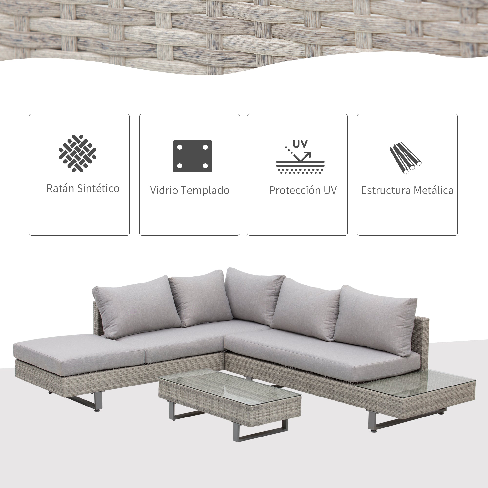 3-Piece Rattan Furniture Set Center Table Double Sofa and 3-Seater Sofa with Removable Cushions for Outdoor Garden Terrace Patio Gray Steel