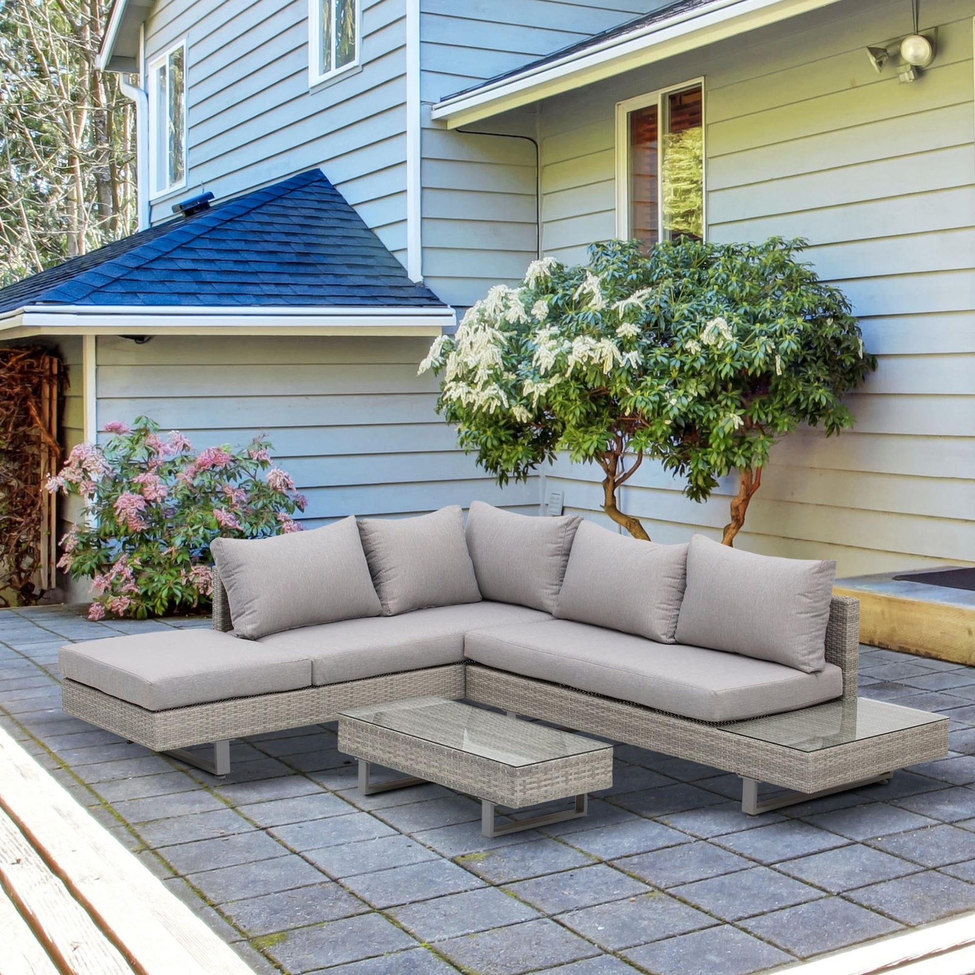 3-Piece Rattan Furniture Set Center Table Double Sofa and 3-Seater Sofa with Removable Cushions for Outdoor Garden Terrace Patio Gray Steel