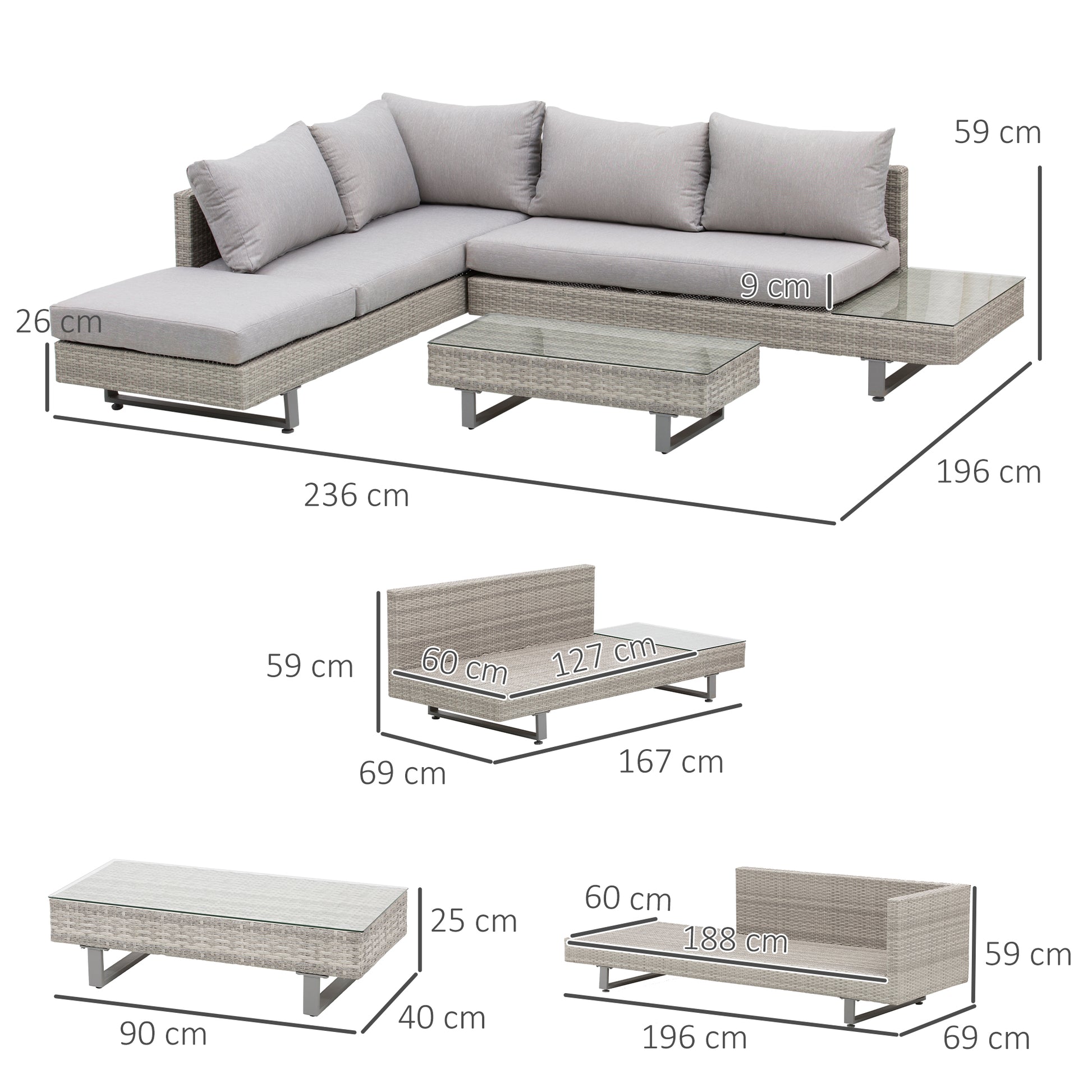 3-Piece Rattan Furniture Set Center Table Double Sofa and 3-Seater Sofa with Removable Cushions for Outdoor Garden Terrace Patio Gray Steel