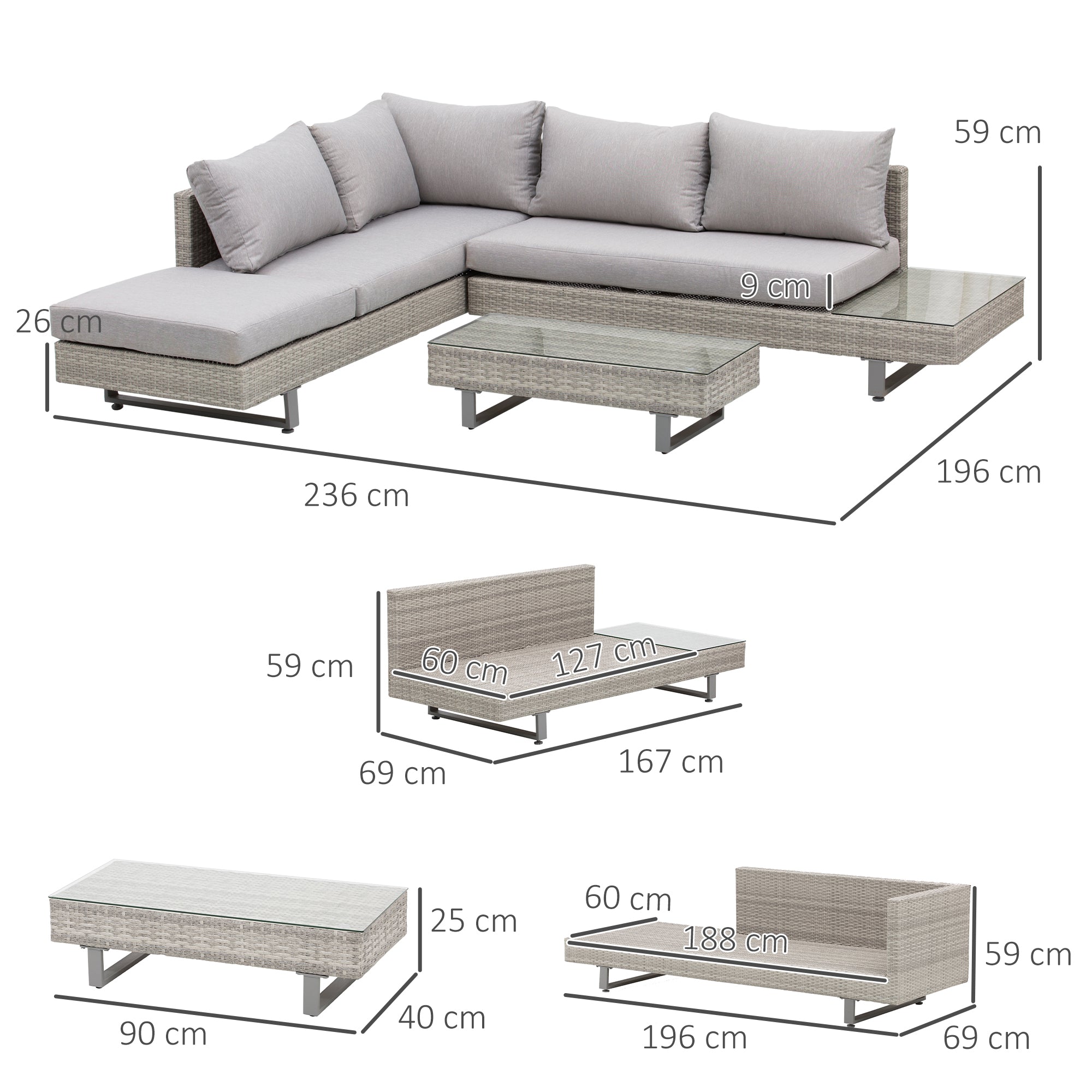 3-Piece Rattan Furniture Set Center Table Double Sofa and 3-Seater Sofa with Removable Cushions for Outdoor Garden Terrace Patio Gray Steel