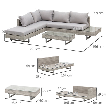 3-Piece Rattan Furniture Set Center Table Double Sofa and 3-Seater Sofa with Removable Cushions for Outdoor Garden Terrace Patio Gray Steel