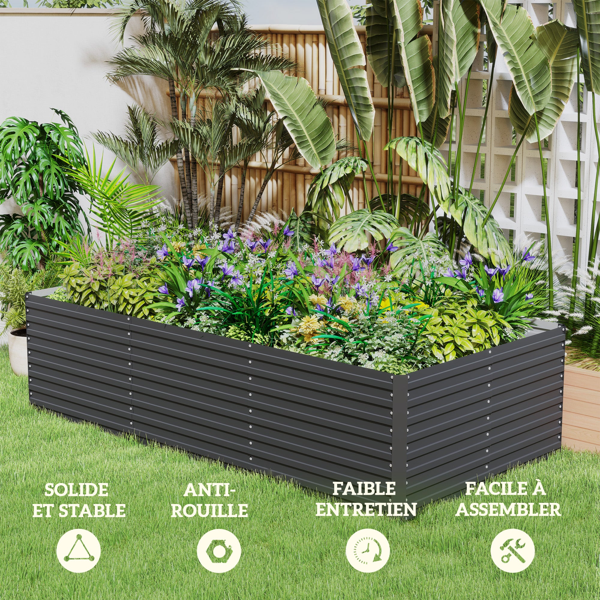 Outdoor Planter Box, Galvanized Raised Garden Bed, Rectangular Garden Planter with Safety Edge and Open Bottom, for Flowers, Herbs, Vegetables, 240 x 120 x 60 cm, Gray