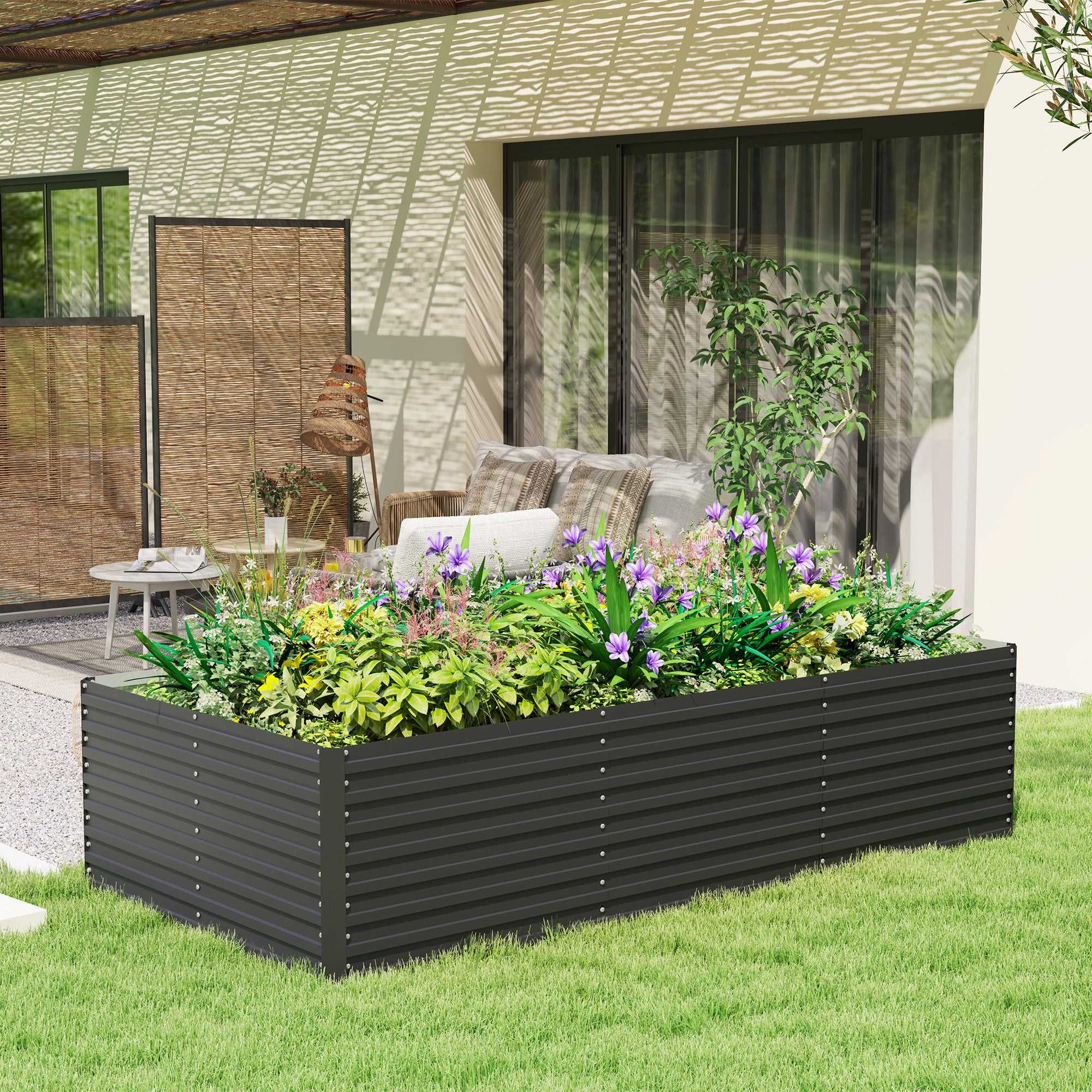 Outdoor Planter Box, Galvanized Raised Garden Bed, Rectangular Garden Planter with Safety Edge and Open Bottom, for Flowers, Herbs, Vegetables, 240 x 120 x 60 cm, Gray