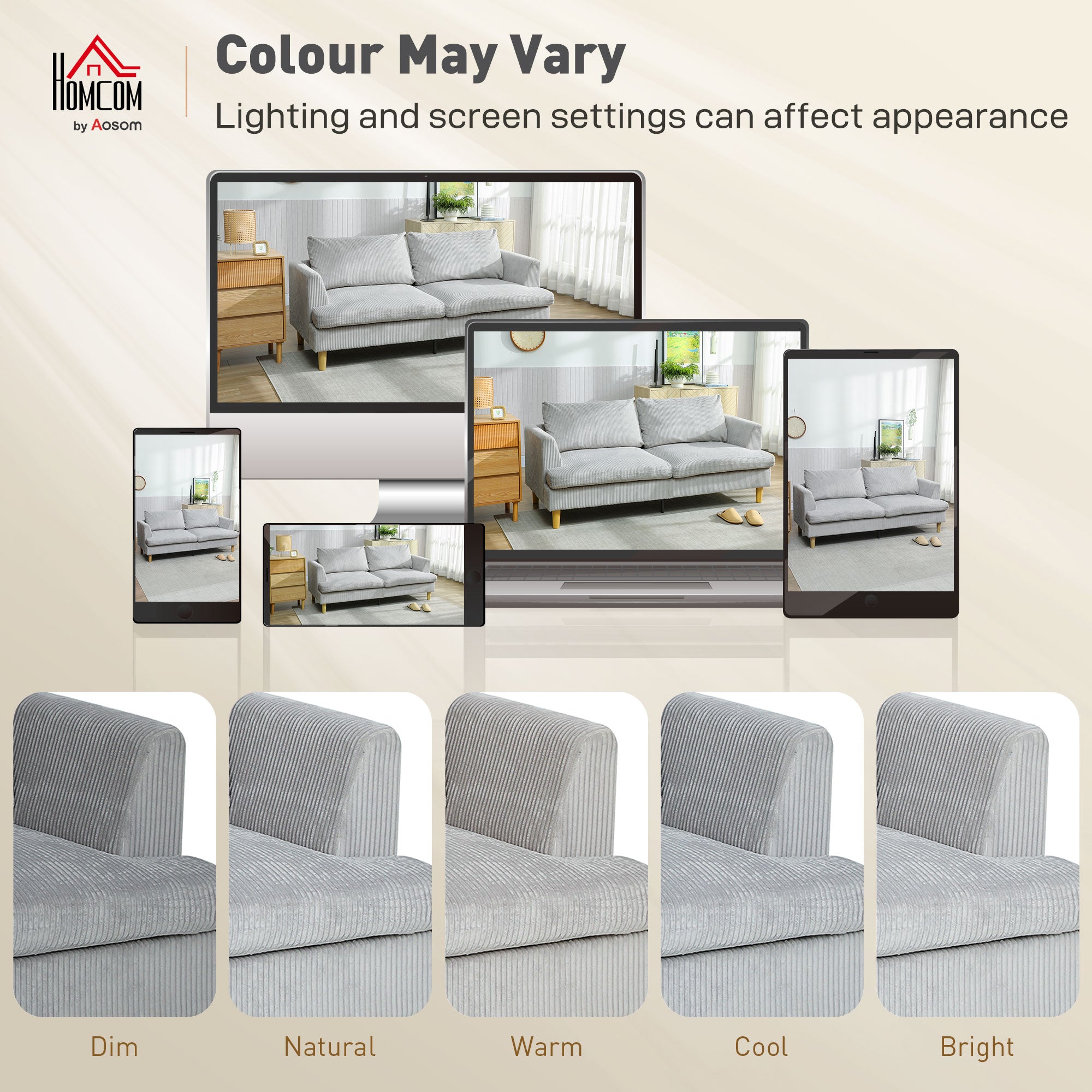 3-Seater Sofa with Armrests, Upholstered Cord Texture, Pocket-Spring Lounge Sofa for Living Room or Bedroom — 188 x 80 x 86 cm (74 x 31.5 x 33.9 in), Light Gray