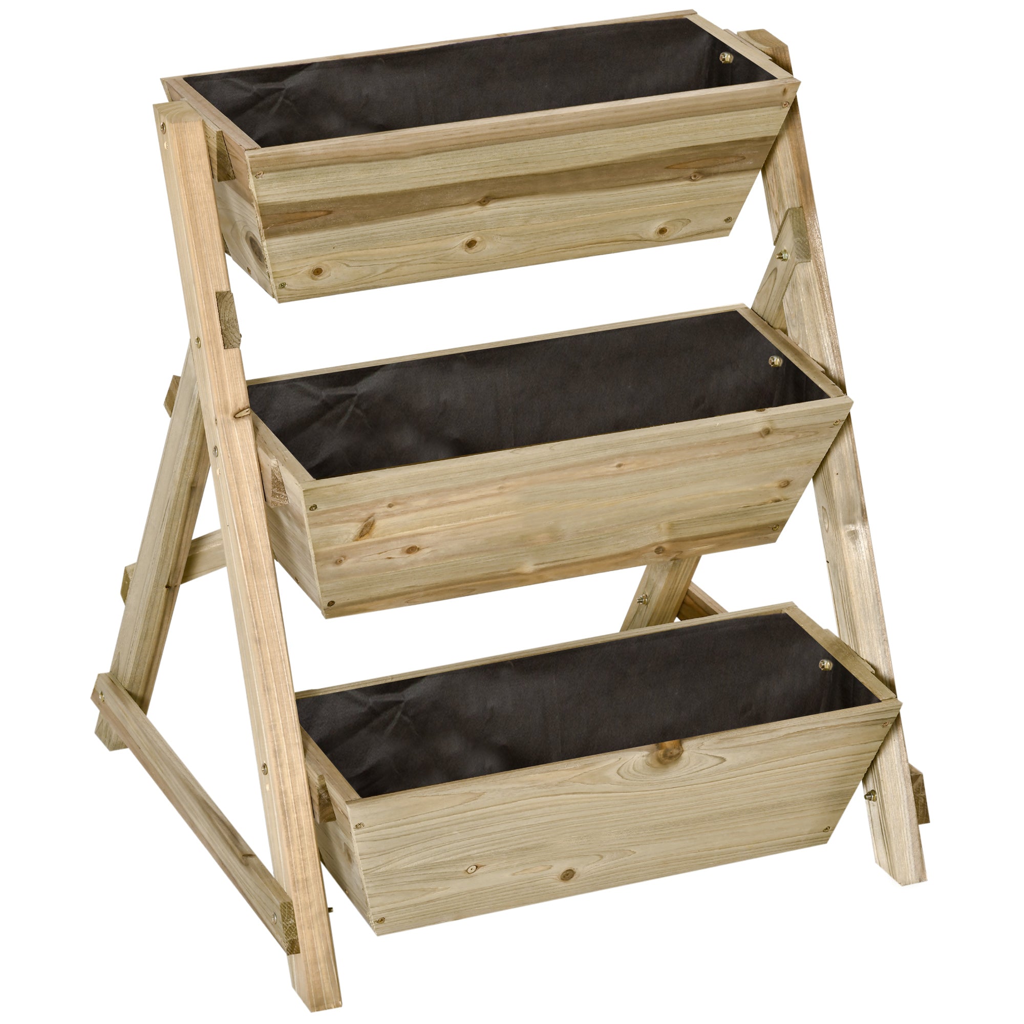 3-Tier Wooden Vertical Planter Box with Non-Woven Fabric and Drainage Holes Urban Garden for Plants Pots Flowers Garden 71x61x77 cm Natural