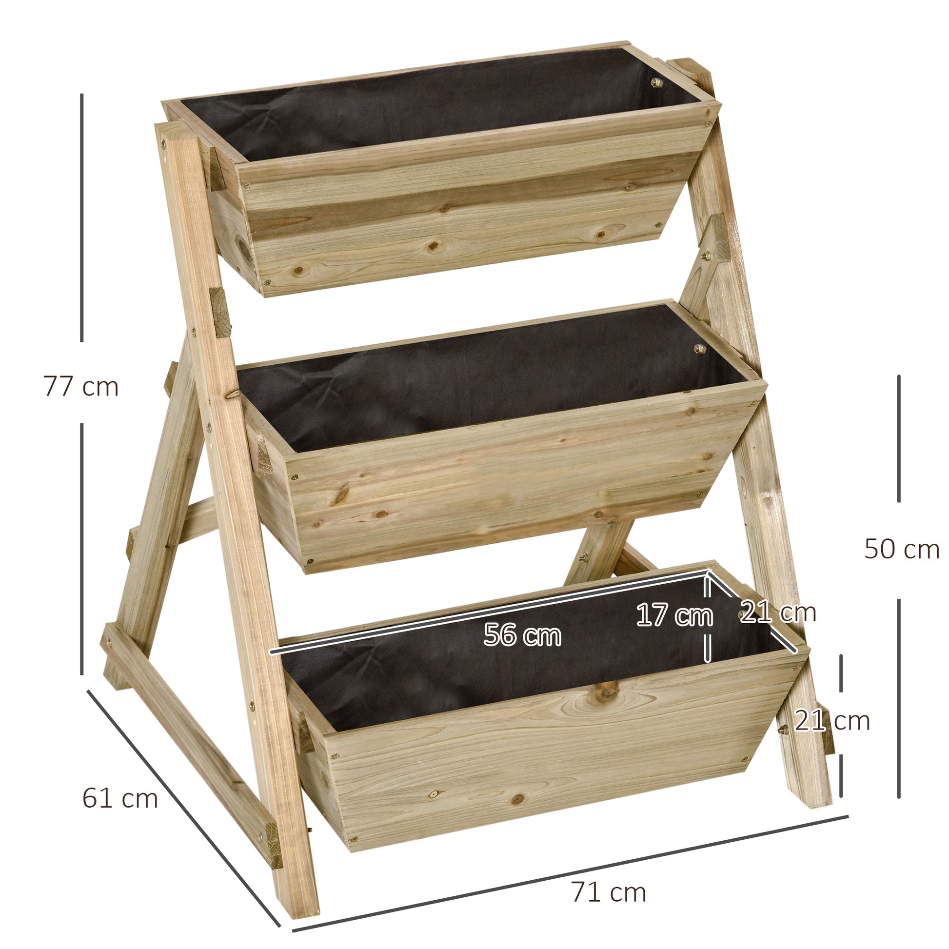 3-Tier Wooden Vertical Planter Box with Non-Woven Fabric and Drainage Holes Urban Garden for Plants Pots Flowers Garden 71x61x77 cm Natural
