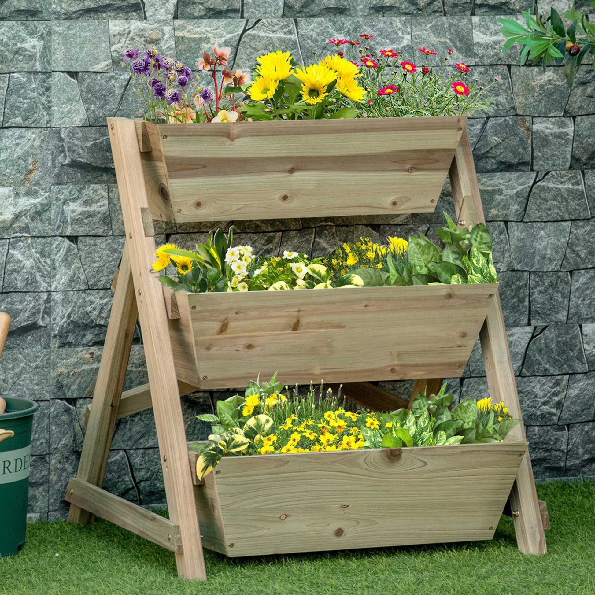 3-Tier Wooden Vertical Planter Box with Non-Woven Fabric and Drainage Holes Urban Garden for Plants Pots Flowers Garden 71x61x77 cm Natural