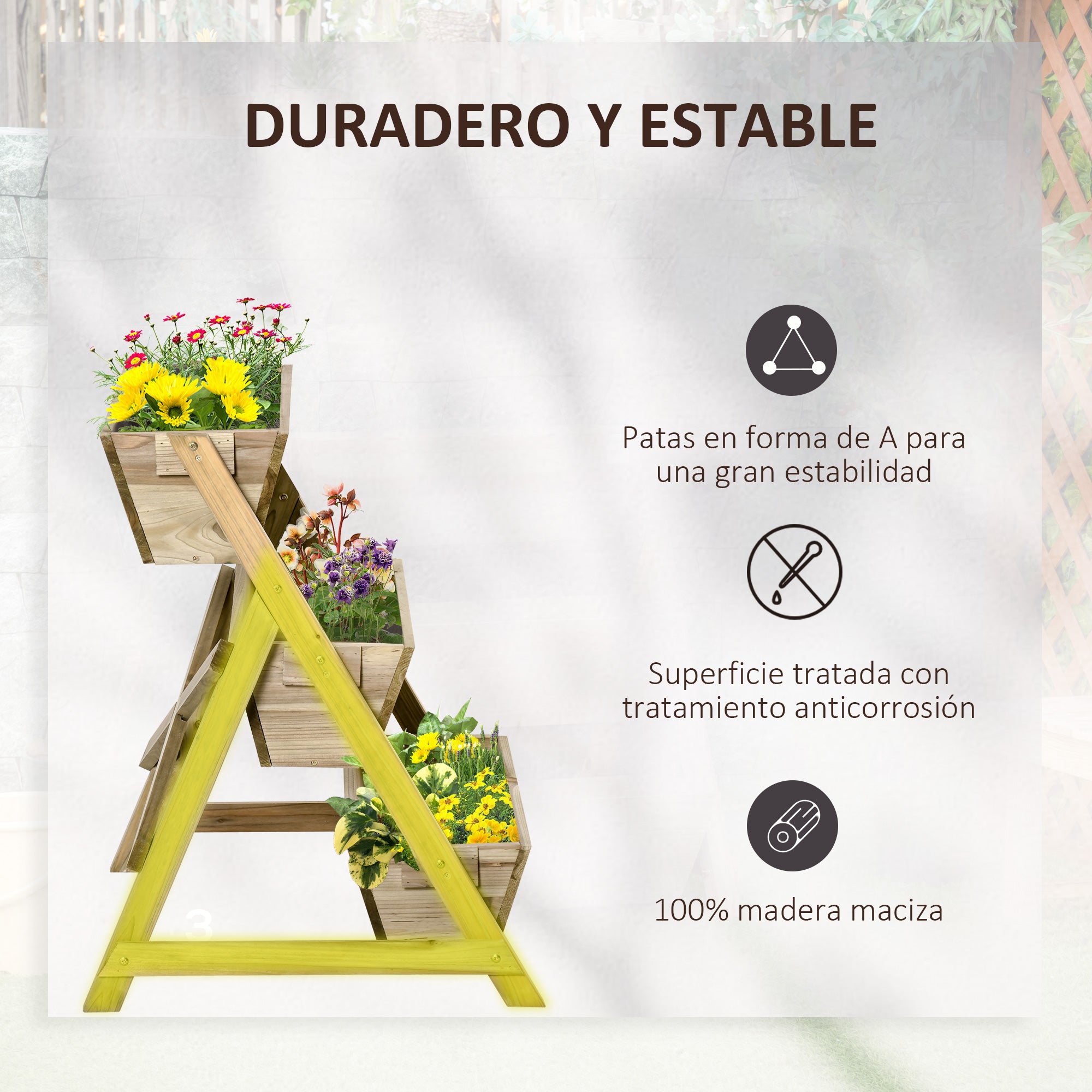 3-Tier Wooden Vertical Planter Box with Non-Woven Fabric and Drainage Holes Urban Garden for Plants Pots Flowers Garden 71x61x77 cm Natural
