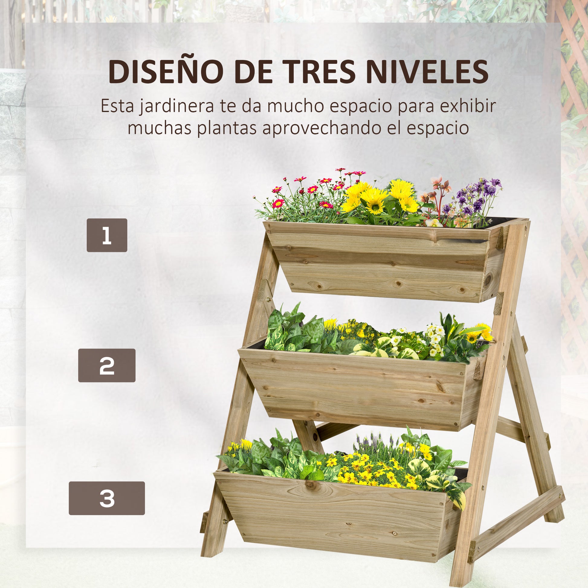 3-Tier Wooden Vertical Planter Box with Non-Woven Fabric and Drainage Holes Urban Garden for Plants Pots Flowers Garden 71x61x77 cm Natural