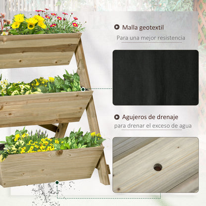 3-Tier Wooden Vertical Planter Box with Non-Woven Fabric and Drainage Holes Urban Garden for Plants Pots Flowers Garden 71x61x77 cm Natural
