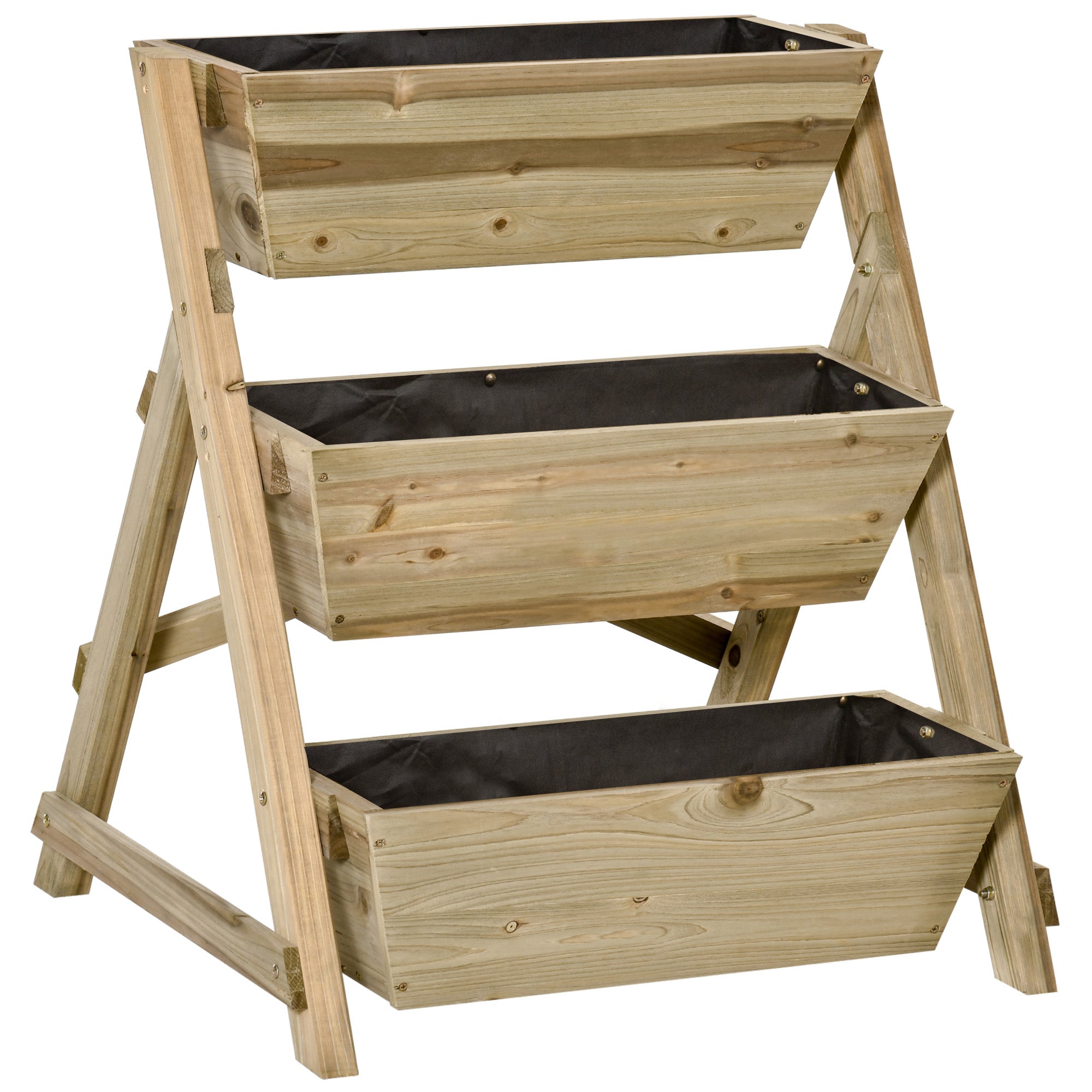 3-Tier Wooden Vertical Planter Box with Non-Woven Fabric and Drainage Holes Urban Garden for Plants Pots Flowers Garden 71x61x77 cm Natural