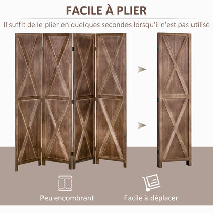 Indoor Room Divider 4 Panels 182 x 170 cm Country-Chic Style - Room Divider with Crisscross Panels - Walnut Paulownia Wood