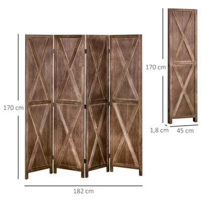 Indoor Room Divider 4 Panels 182 x 170 cm Country-Chic Style - Room Divider with Crisscross Panels - Walnut Paulownia Wood
