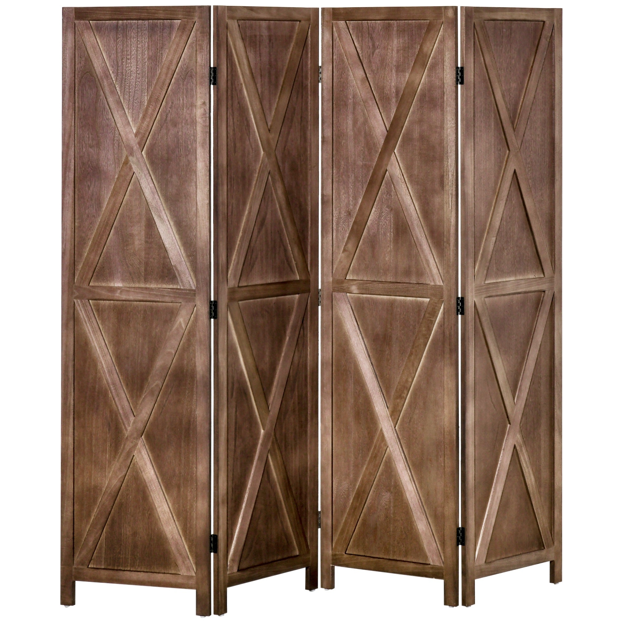 Indoor Room Divider 4 Panels 182 x 170 cm Country-Chic Style - Room Divider with Crisscross Panels - Walnut Paulownia Wood