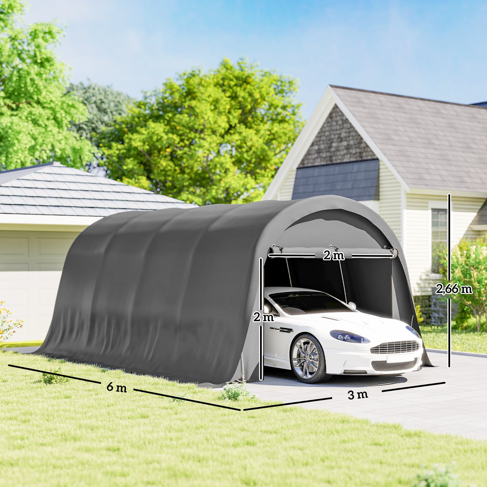 3 x 6 m Carport Garage Tent – Waterproof Storage Shelter with Removable Sidewalls, Large Roll-Up Zipper Door, Curved Roof, UPF50+, Winterproof, UV-Resistant — Dark Gray