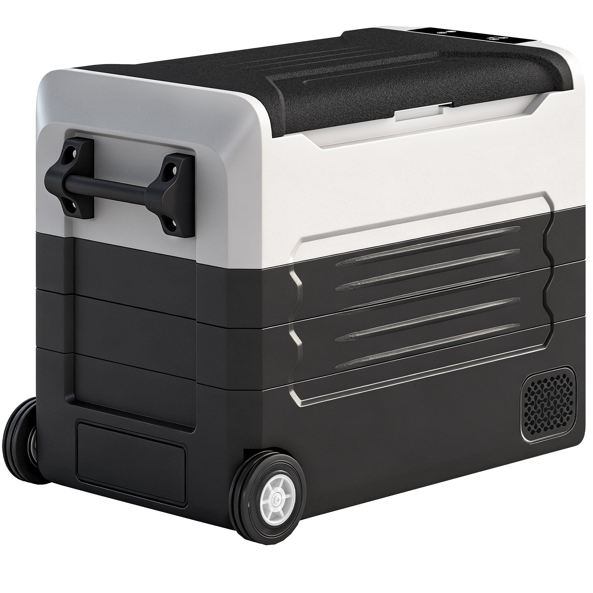 50L Dual-Zone Compressor Fridge (-4°F to 68°F) Portable Electric Car Cooler with App, LED, Battery Protection, Folding Handle — 12/24V DC & 110–230V AC