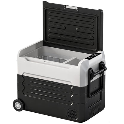 50L Dual-Zone Compressor Fridge (-4°F to 68°F) Portable Electric Car Cooler with App, LED, Battery Protection, Folding Handle — 12/24V DC & 110–230V AC