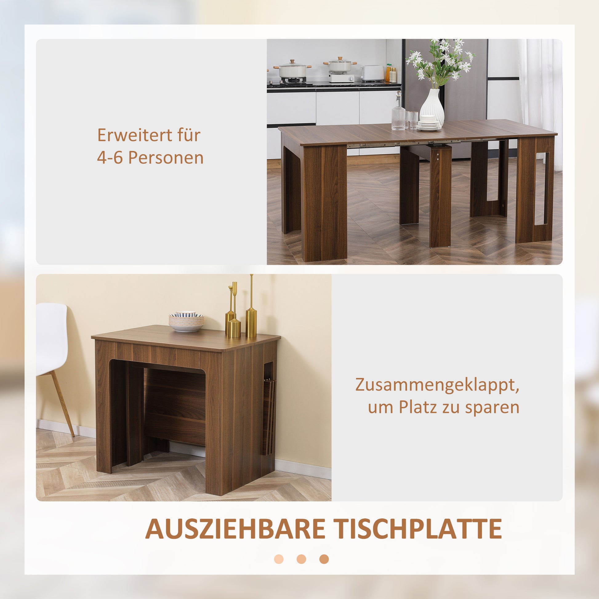 Extendable Dining Table Rectangular Kitchen Table for up to 6 People Dining Table for Living Room, Brown, 60-180 cm