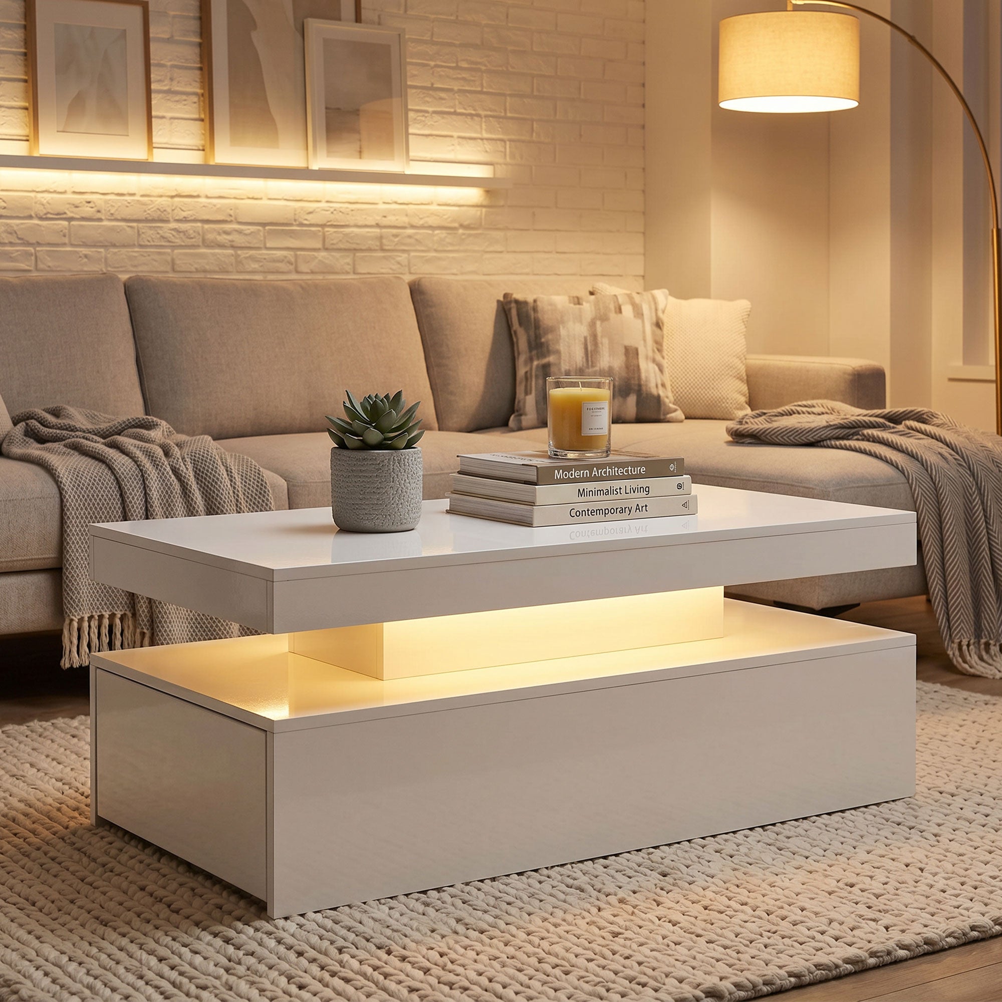 Coffee Table, High-Gloss White with Dimmable RGB LED Strip, App Control, 2 Drawers, Music Sync & Timer, Modern Side Table 39.4 x 19.7 x 15.7 in (100 x 50 x 40 cm)