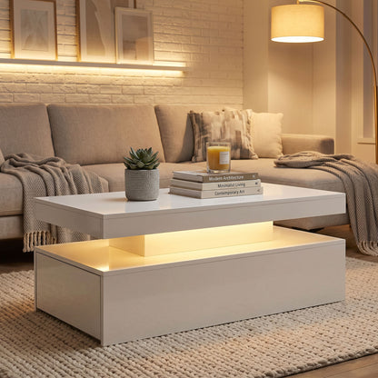 Coffee Table, High-Gloss White with Dimmable RGB LED Strip, App Control, 2 Drawers, Music Sync & Timer, Modern Side Table 39.4 x 19.7 x 15.7 in (100 x 50 x 40 cm)