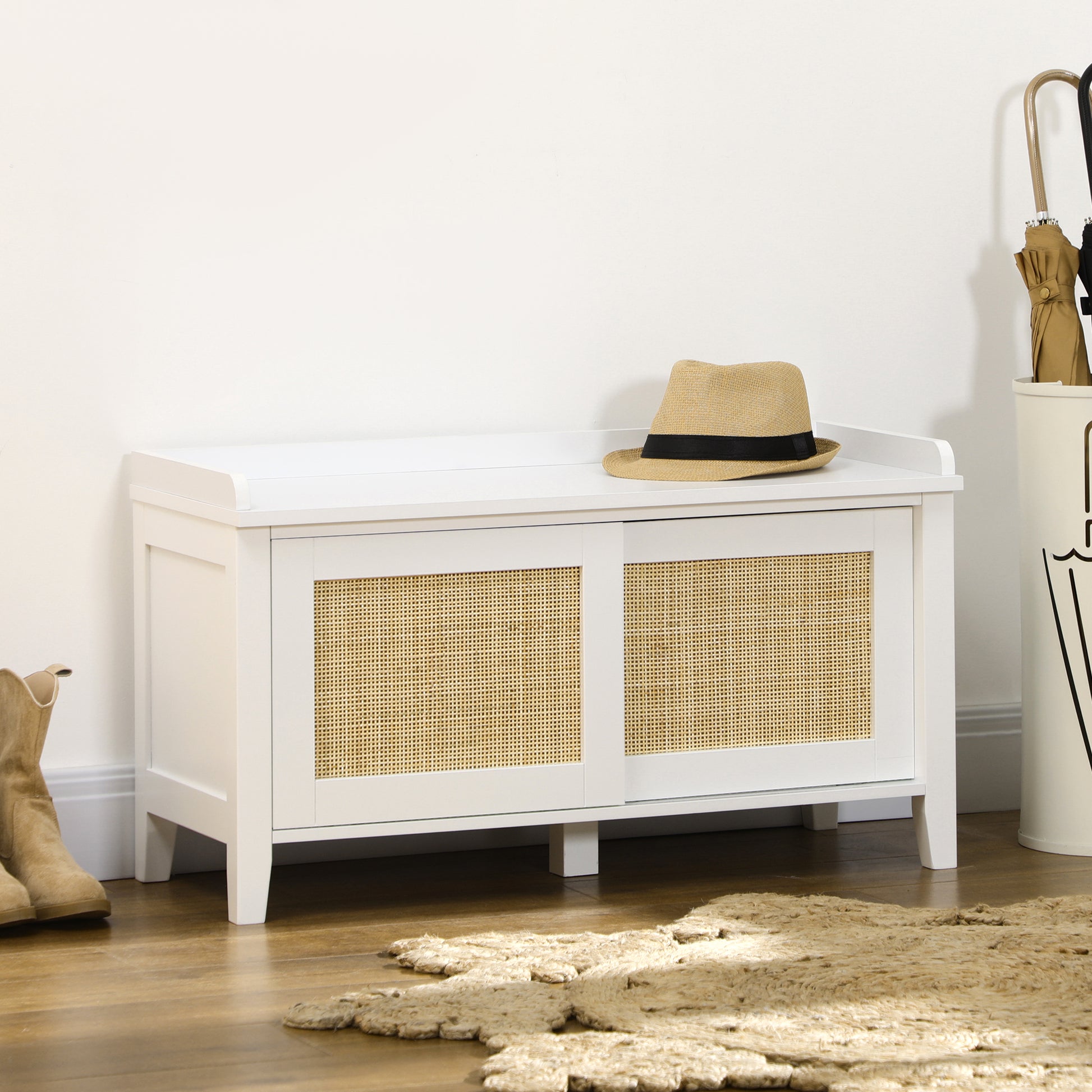 Shoe Bench with Seat Shoe Cabinet with Bench 2 Rattan Doors Bohemian Style Load 130 kg for Hall Entryway 80x35x45 cm White and Natural
