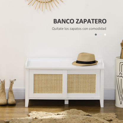Shoe Bench with Seat Shoe Cabinet with Bench 2 Rattan Doors Bohemian Style Load 130 kg for Hall Entryway 80x35x45 cm White and Natural