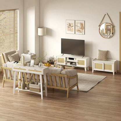 Shoe Bench with Seat Shoe Cabinet with Bench 2 Rattan Doors Bohemian Style Load 130 kg for Hall Entryway 80x35x45 cm White and Natural