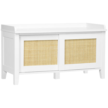 Shoe Bench with Seat Shoe Cabinet with Bench 2 Rattan Doors Bohemian Style Load 130 kg for Hall Entryway 80x35x45 cm White and Natural