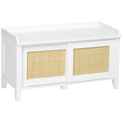 Shoe Bench with Seat Shoe Cabinet with Bench 2 Rattan Doors Bohemian Style Load 130 kg for Hall Entryway 80x35x45 cm White and Natural