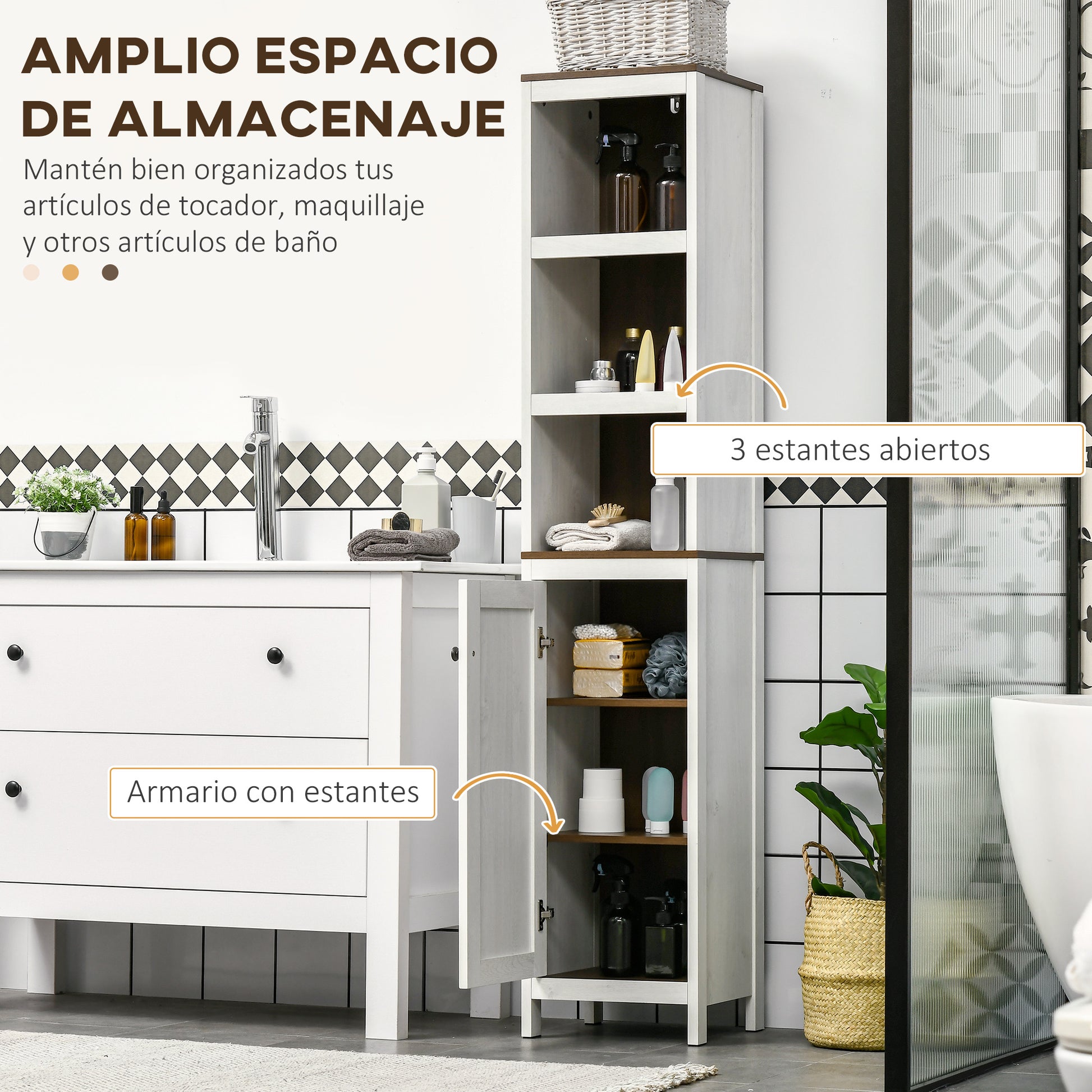 Modern Bathroom Auxiliary Furniture Bathroom Cabinet with 3 Open Shelves and 2 Adjustable Shelves Storage Cabinet for Living Room Bedroom 32x30x161 cm White