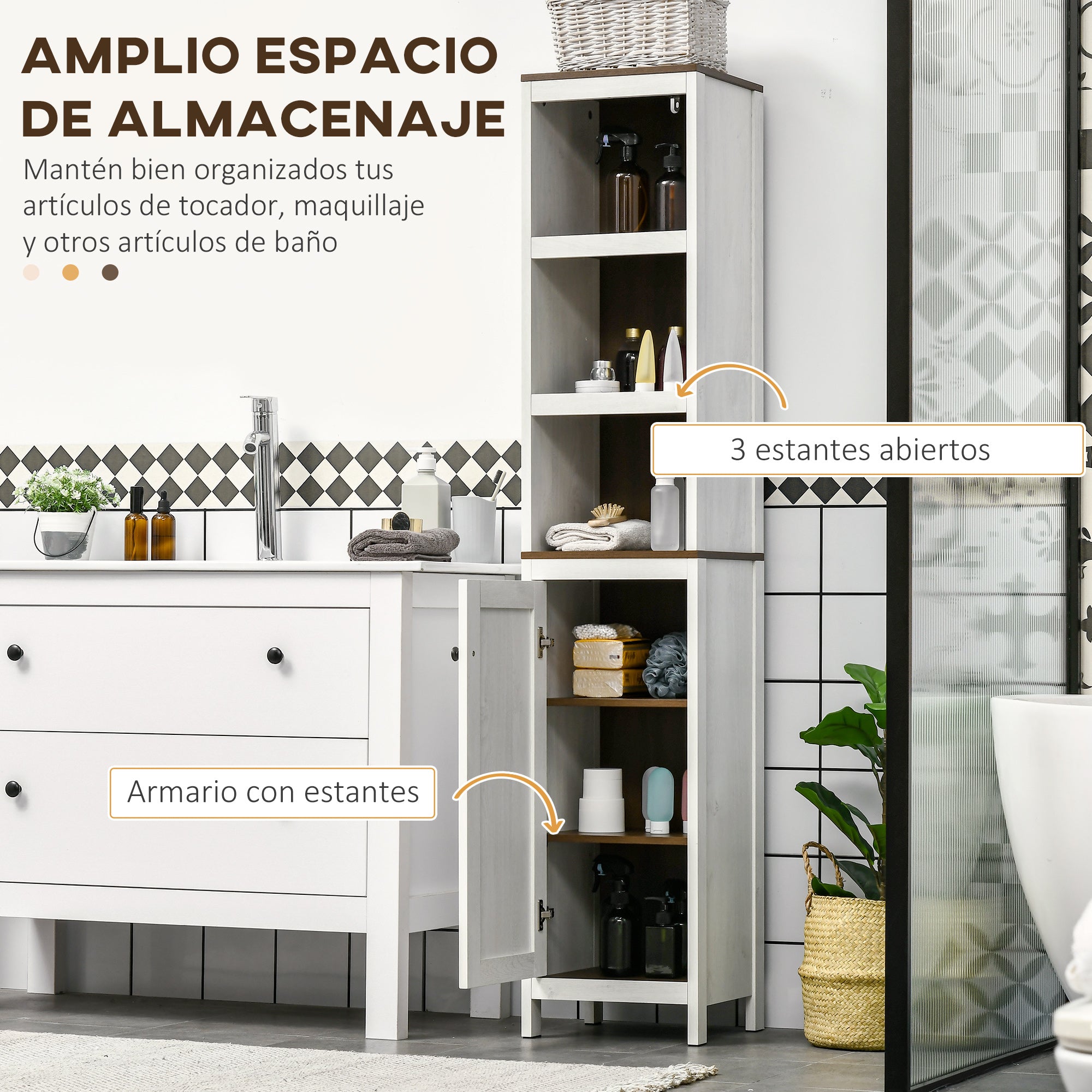 Modern Bathroom Auxiliary Furniture Bathroom Cabinet with 3 Open Shelves and 2 Adjustable Shelves Storage Cabinet for Living Room Bedroom 32x30x161 cm White