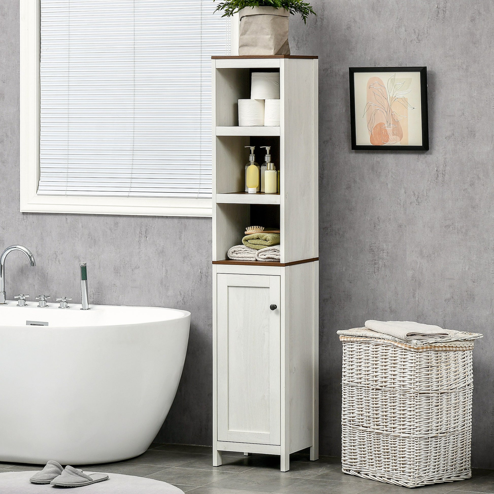 Modern Bathroom Auxiliary Furniture Bathroom Cabinet with 3 Open Shelves and 2 Adjustable Shelves Storage Cabinet for Living Room Bedroom 32x30x161 cm White