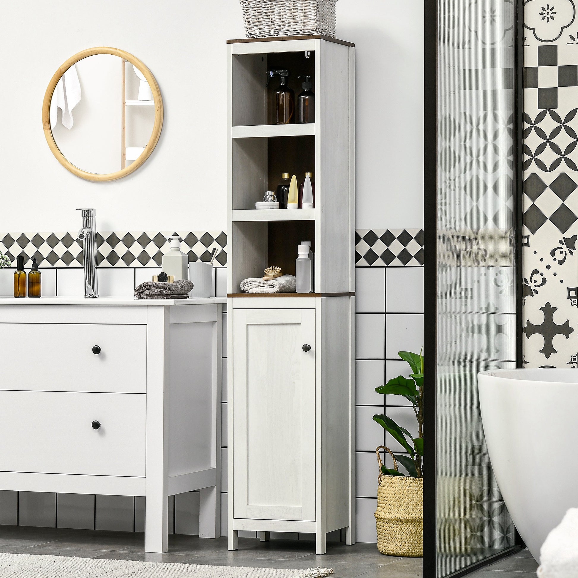 Modern Bathroom Auxiliary Furniture Bathroom Cabinet with 3 Open Shelves and 2 Adjustable Shelves Storage Cabinet for Living Room Bedroom 32x30x161 cm White