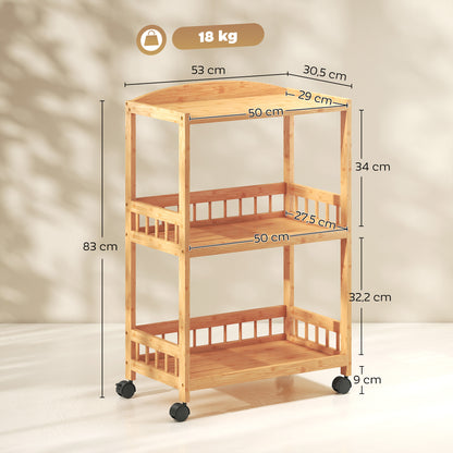 3-Tier Rolling Kitchen Cart — Bamboo Serving Trolley with Storage Shelves on Wheels, All-Purpose Rolling Cart for Kitchen, Bathroom, Office & Living Room, Natural Wood