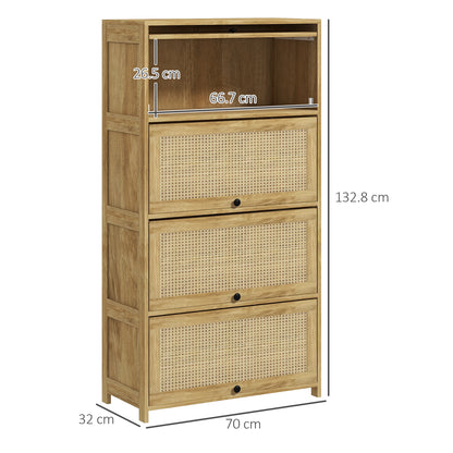 Boho Style Kitchen Trolley with 4 Flip-Up Doors, Chipboard and Rattan Kitchen Cabinet, 70x32x132.8 cm, Wood Color