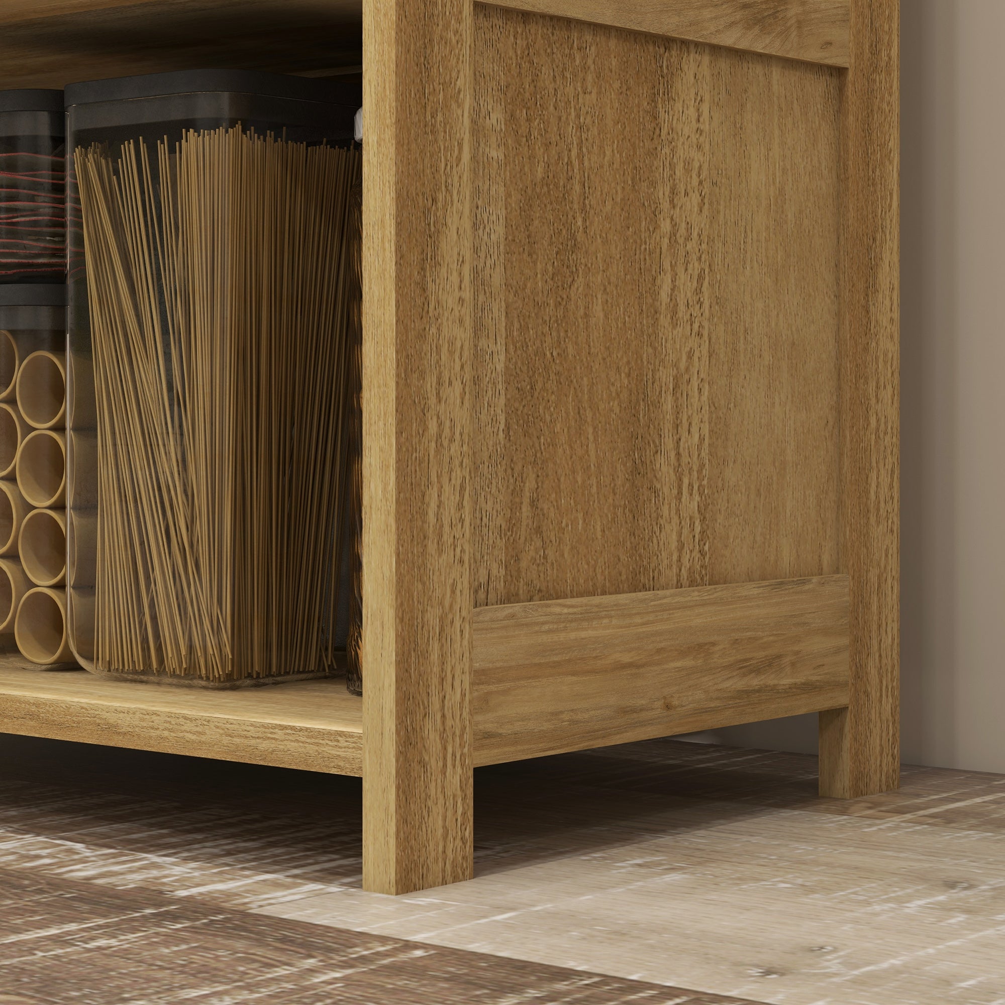 Boho Style Kitchen Trolley with 4 Flip-Up Doors, Chipboard and Rattan Kitchen Cabinet, 70x32x132.8 cm, Wood Color