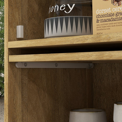 Boho Style Kitchen Trolley with 4 Flip-Up Doors, Chipboard and Rattan Kitchen Cabinet, 70x32x132.8 cm, Wood Color