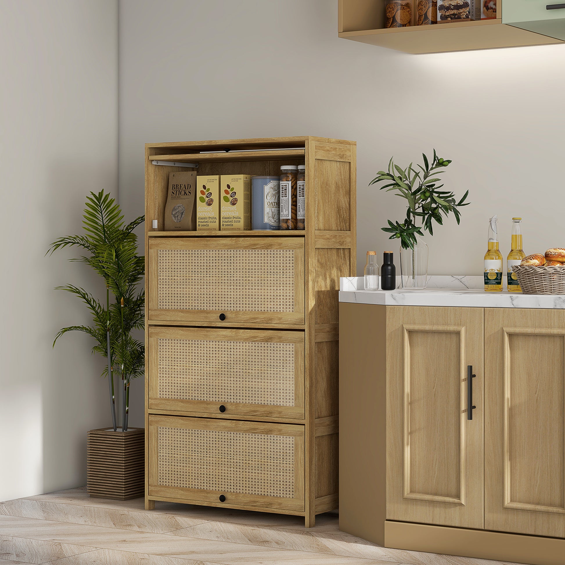 Boho Style Kitchen Trolley with 4 Flip-Up Doors, Chipboard and Rattan Kitchen Cabinet, 70x32x132.8 cm, Wood Color