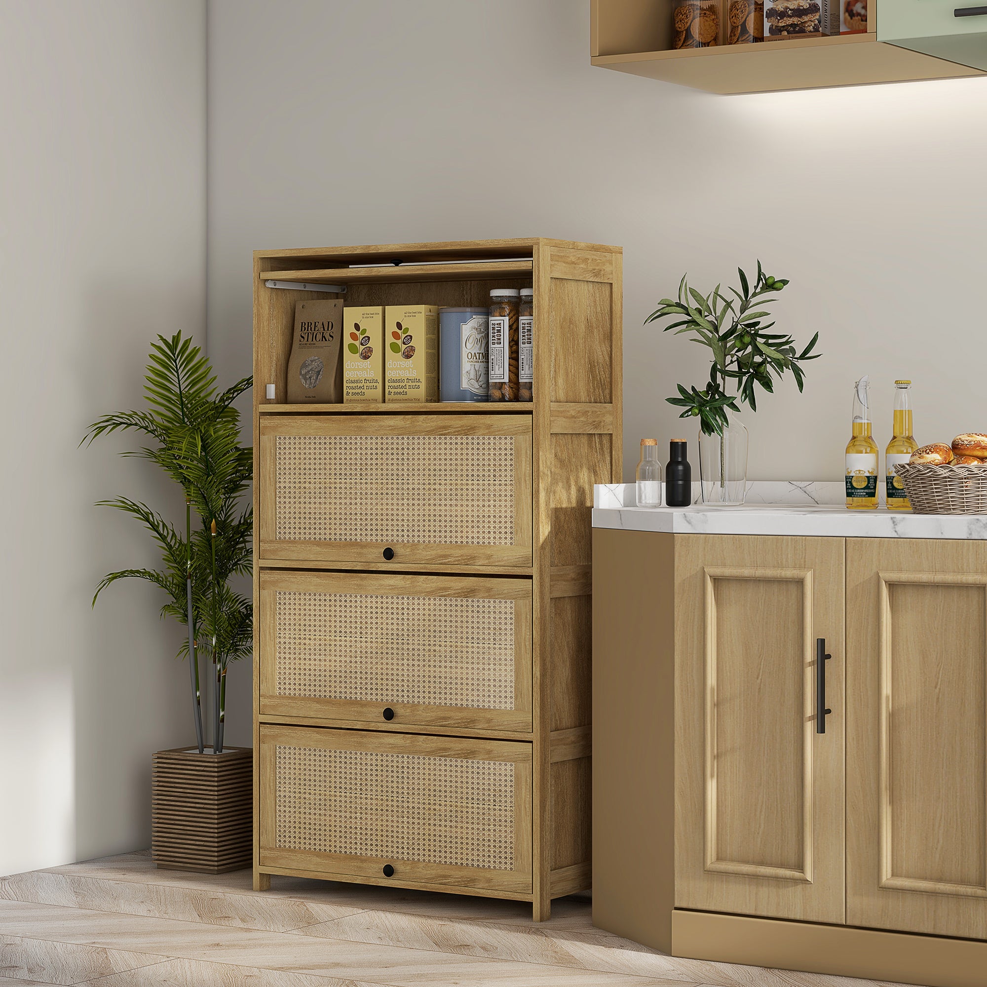 Boho Style Kitchen Trolley with 4 Flip-Up Doors, Chipboard and Rattan Kitchen Cabinet, 70x32x132.8 cm, Wood Color