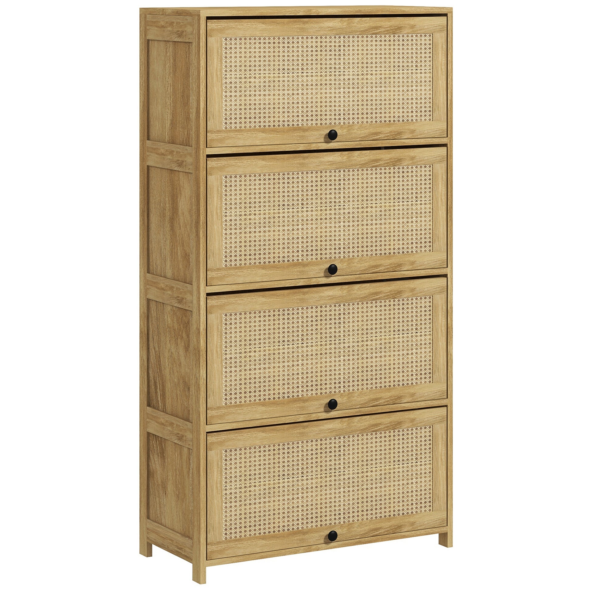 Boho Style Kitchen Trolley with 4 Flip-Up Doors, Chipboard and Rattan Kitchen Cabinet, 70x32x132.8 cm, Wood Color