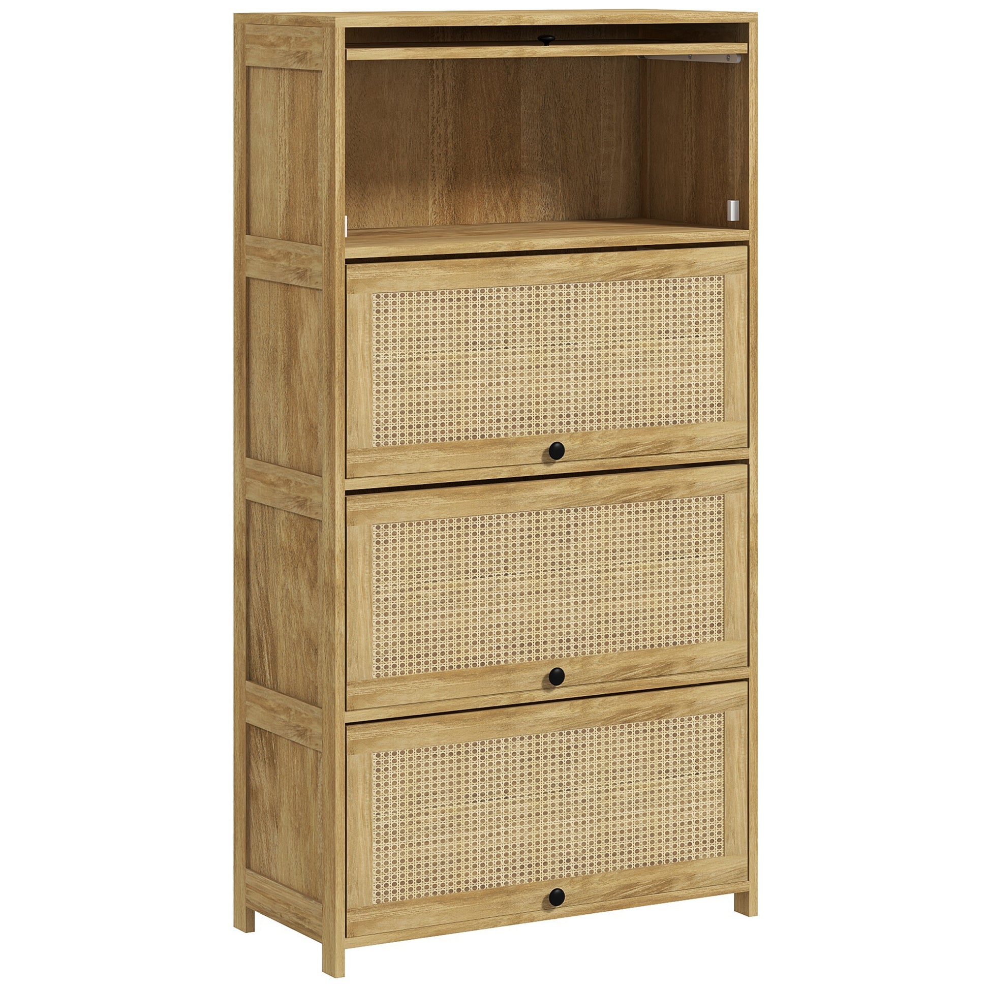 Boho Style Kitchen Trolley with 4 Flip-Up Doors, Chipboard and Rattan Kitchen Cabinet, 70x32x132.8 cm, Wood Color