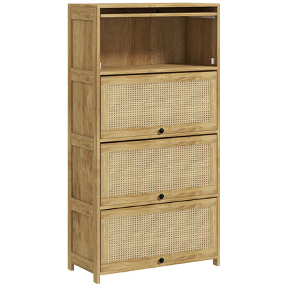 Boho Style Kitchen Trolley with 4 Flip-Up Doors, Chipboard and Rattan Kitchen Cabinet, 70x32x132.8 cm, Wood Color